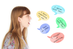 A woman engaged in conversation, with a speech bubble illustrating her dialogue or thoughts. 