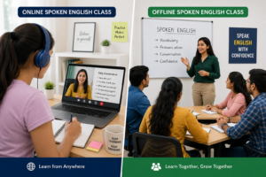 A virtual classroom setting with students engaged in an online English lesson, featuring a teacher and interactive materials.