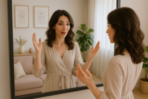 A woman gazes at her reflection in a mirror, contemplating her appearance and expression.