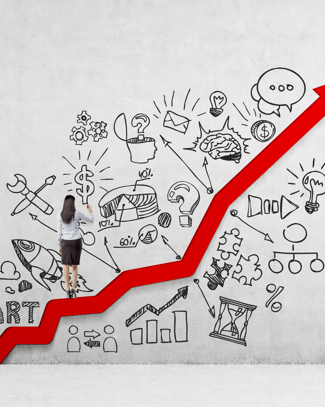 A woman stands on a red arrow adorned with various doodles, symbolizing direction and creativity.