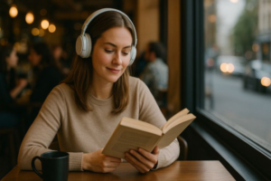 A woman with headphones reads a book at a table, immersed in her reading experience.