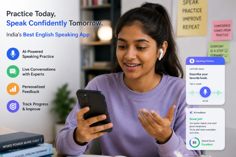 A young Indian student practicing communication skills on the best english speaking app in india.