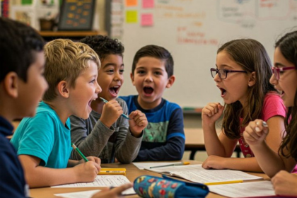 A group of children at a table, with one child making a funny face, showcasing playful interaction among peers.
