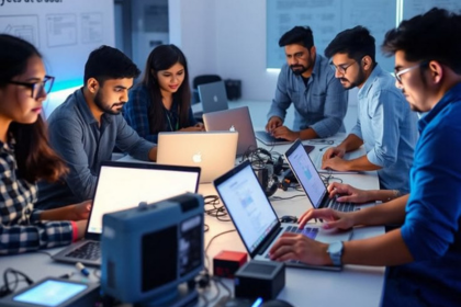 A diverse group of professionals collaborating on laptops in a modern office environment.