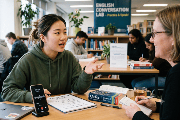 Student practicing English conversation with a tutor in a language lab using books, notes, and a dictionary.
