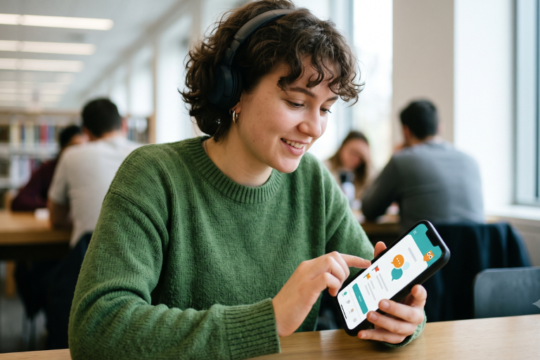 Person using an English speaking app on a smartphone while studying in a library, improving spoken English with AI-powered language learning.